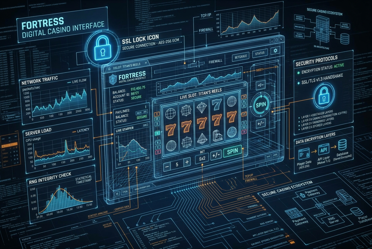 Technický audit digitální kasinové platformy s datovými grafy a SSL zabezpečením