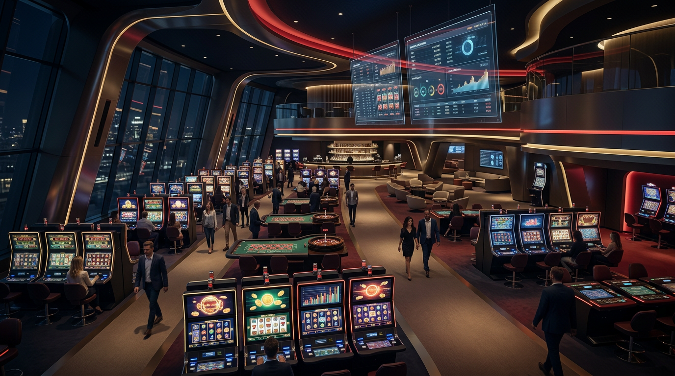 Futuristické německé online casino s digitálními datovými obrazovkami a německou symbolikou