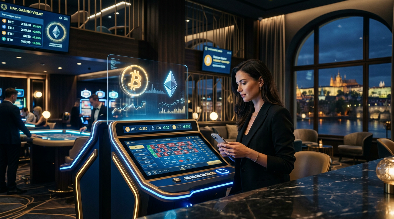 Moderní interiér krypto kasina roku 2026 s technologickými prvky blockchainu
