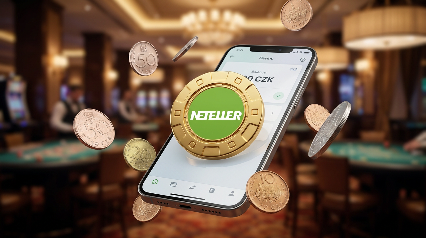 Neteller logo na displeji telefonu s českými korunami a kasinovým žetonem.