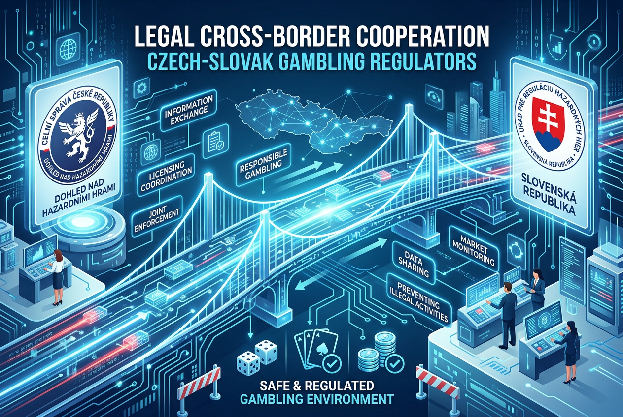 Právní mapa hazardu mezi ČR a Slovenskem - Infographic showing legal bridge between Czech and Slovak gambling regulators