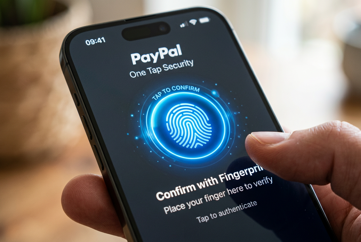 Detailní záběr na mobilní telefon s biometrickým potvrzením PayPal platby